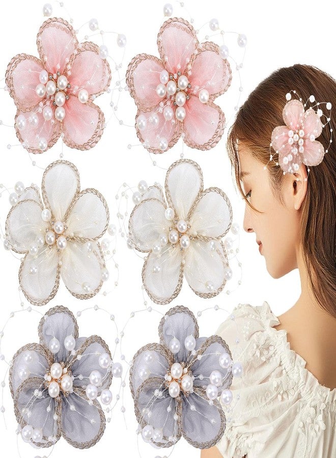 مجموعة مشابك شعر TOKUFAGU مكونة من 6 قطع مزينة بفيونكات من اللؤلؤ والزهور، مشابك شعر كبيرة مزينة بالزهور للنساء والفتيات، مشابك شعر يدوية الصنع أنيقة لحفلات الزفاف، إكسسوارات تزيينية - Image 1